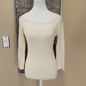 White House Black Market Silk Off-Shoulder Sweater With Sheer Trim At Neck